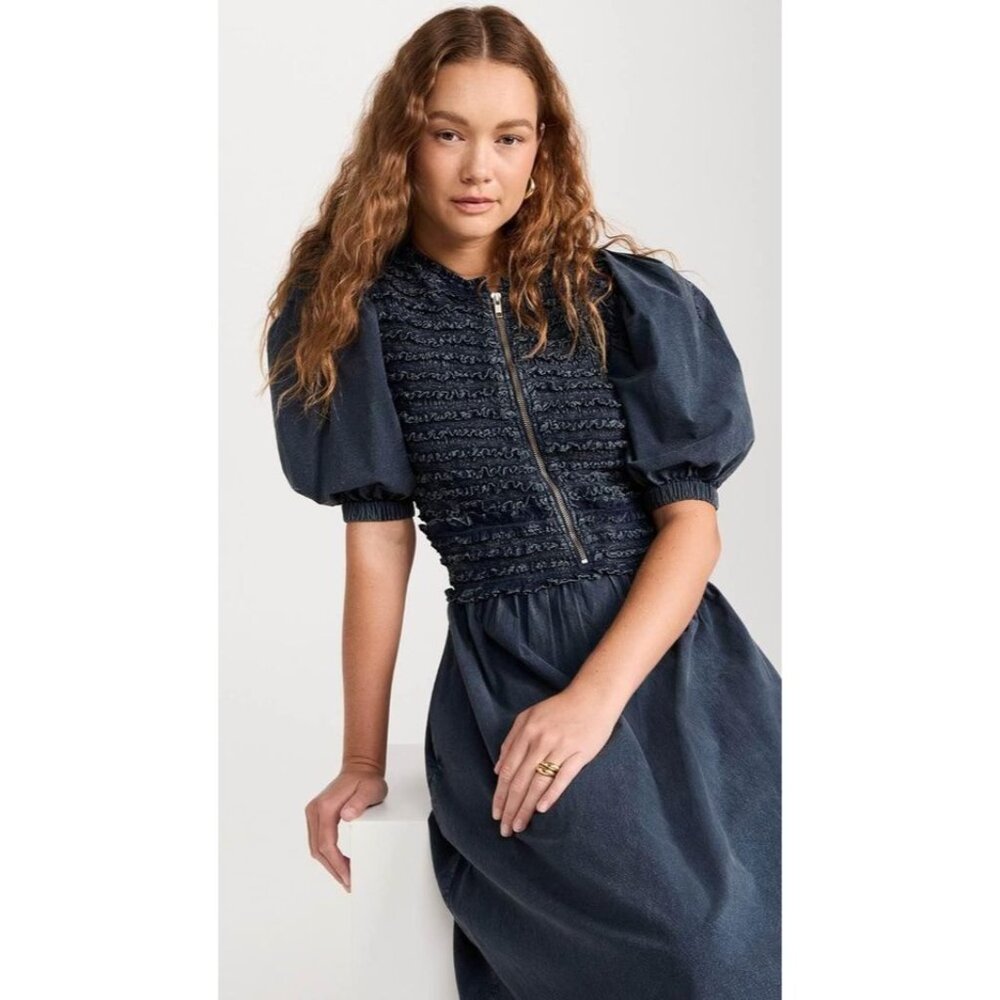 Sea New York Tilde Cotton Puff Sleeve Zip Front Midi Dress Sz M